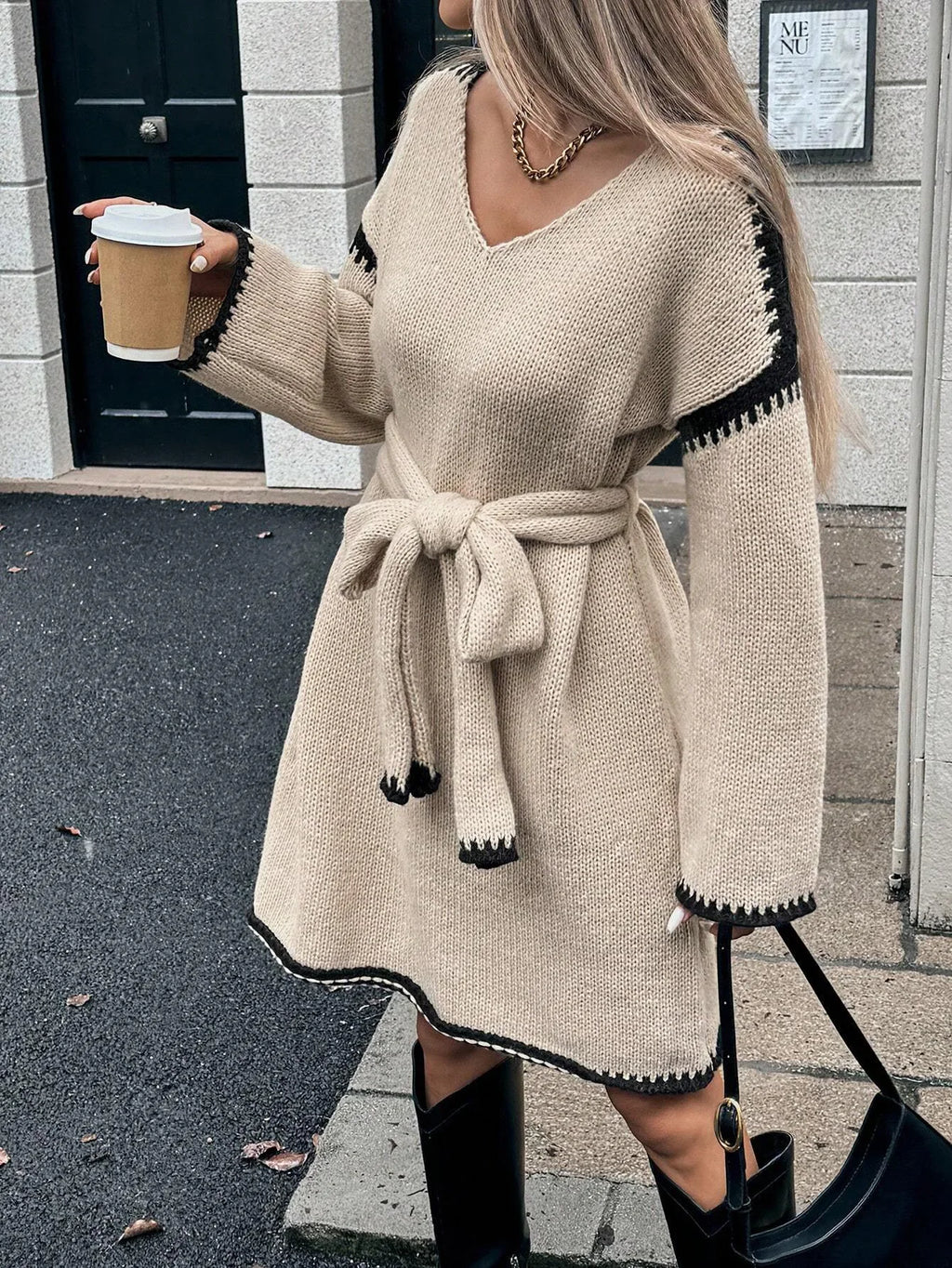 Fashion V Neck Long Sleeve Belt Lace Up Waist Knitted Pullovers Sweaters Dress Women Belt Loose Outwear Autumn Winter Streetwear
