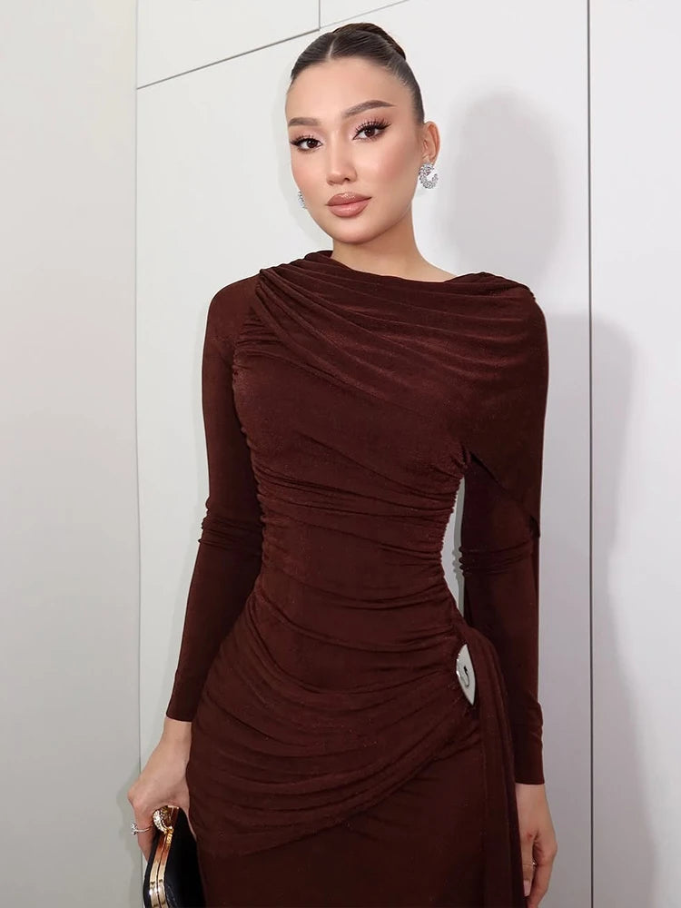 Whatiwear Casual Fashion Dress Woman Autumn Trend o-Neck Full Sleeve Ribbon High Waist Metal Decoration Ruched Elegant Vestidos