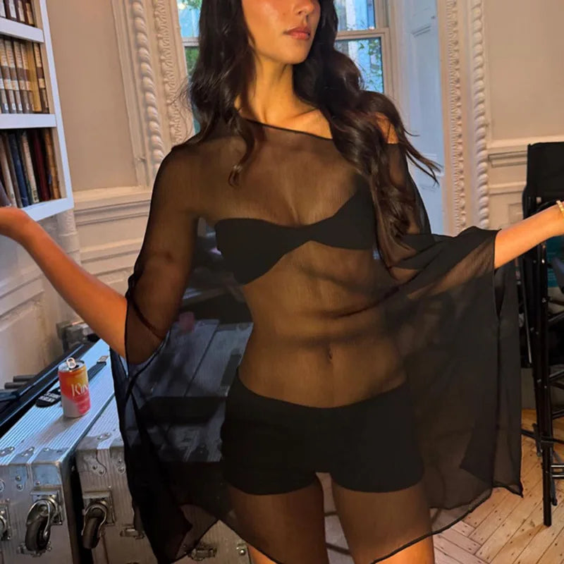 Woman Clothes See-through Chiffon Blouses Sexy Fashion Solid Cover-ups Ladies Elegant Night Club Tops White Black Streetwear