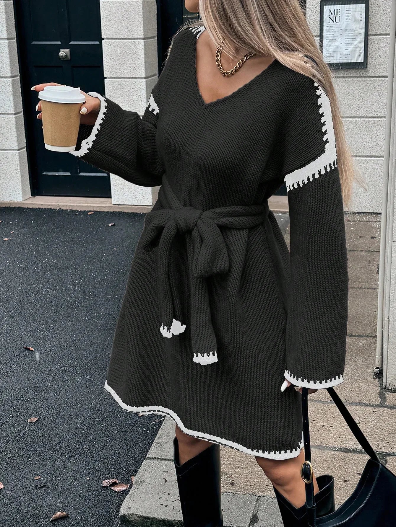 Fashion V Neck Long Sleeve Belt Lace Up Waist Knitted Pullovers Sweaters Dress Women Belt Loose Outwear Autumn Winter Streetwear