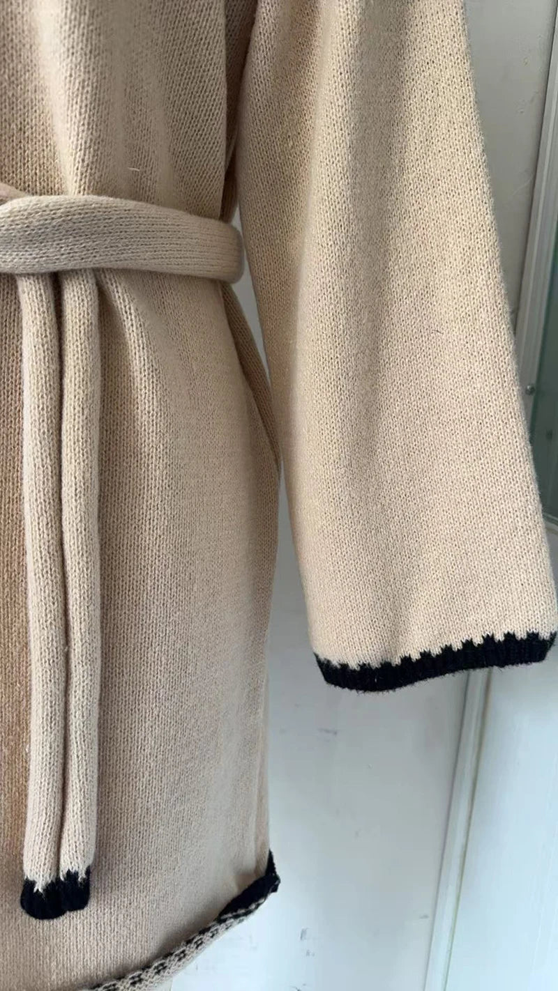 Fashion V Neck Long Sleeve Belt Lace Up Waist Knitted Pullovers Sweaters Dress Women Belt Loose Outwear Autumn Winter Streetwear