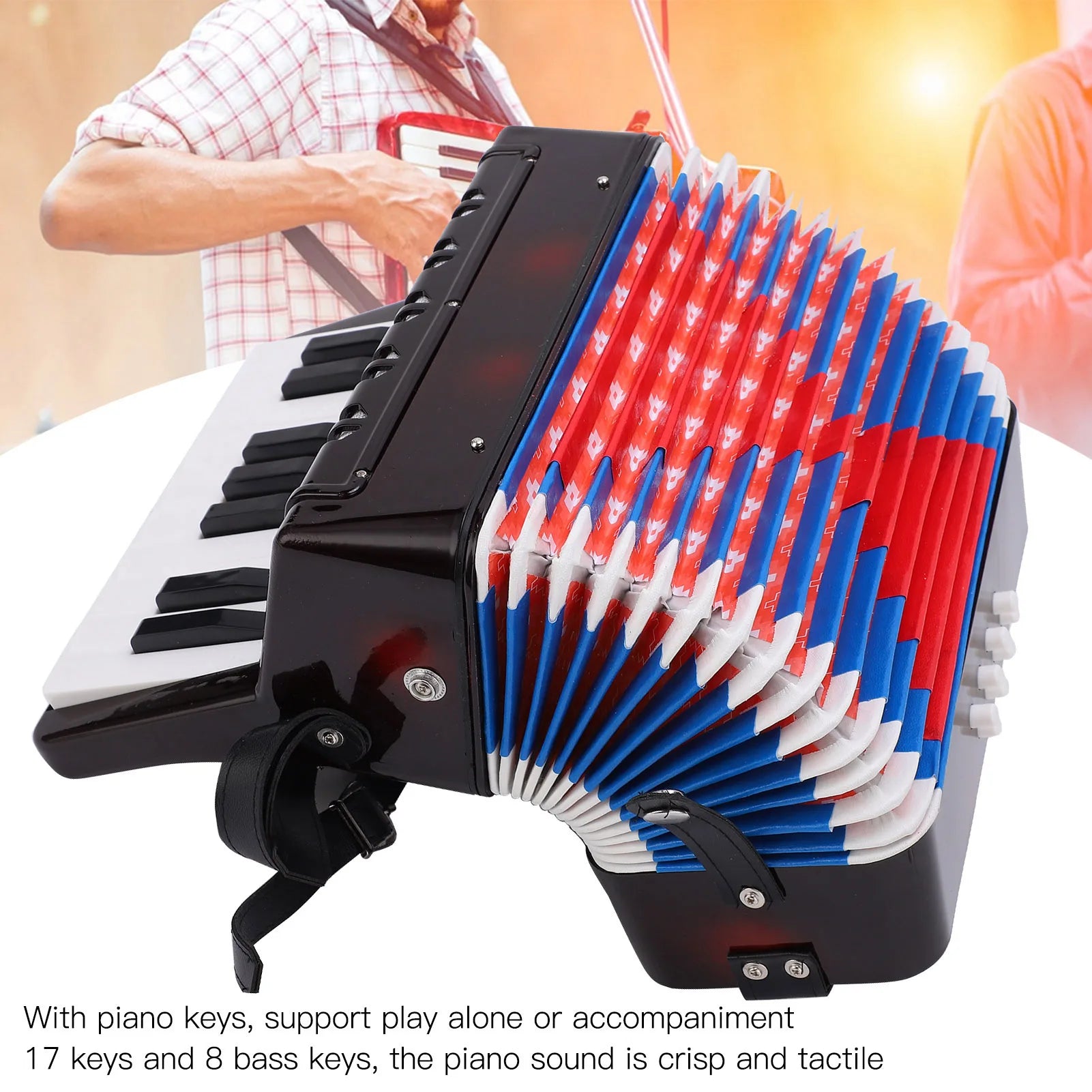 Accordion Musical Piano Keyboard  Rhythm Training Spring Instrument 17 Key 8 Bass Black Accordion  Instrument Accordion