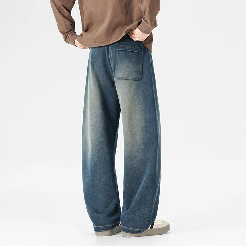 Baggy Jeans Men's Fashion 2026 New Wide Leg Straight Casual Drawstring Trousers Men's Clothing Fashion Vintage Denim Pants