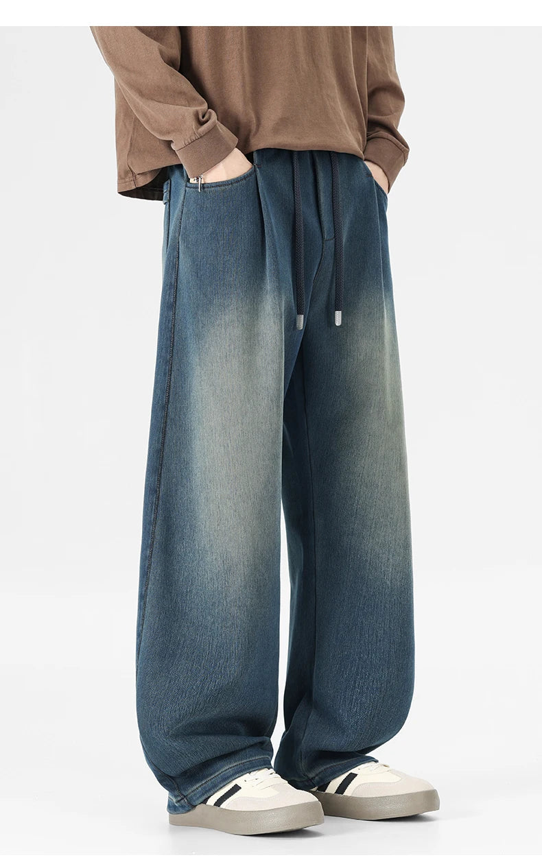 Baggy Jeans Men's Fashion 2026 New Wide Leg Straight Casual Drawstring Trousers Men's Clothing Fashion Vintage Denim Pants