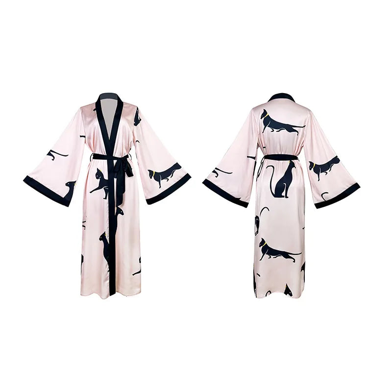 Wedding Party Dress Fashion Printed Robe Women's Clothing Loose Silk Satin Sleepwear Night Gowns Long Sleeve Ladies Bathrobe