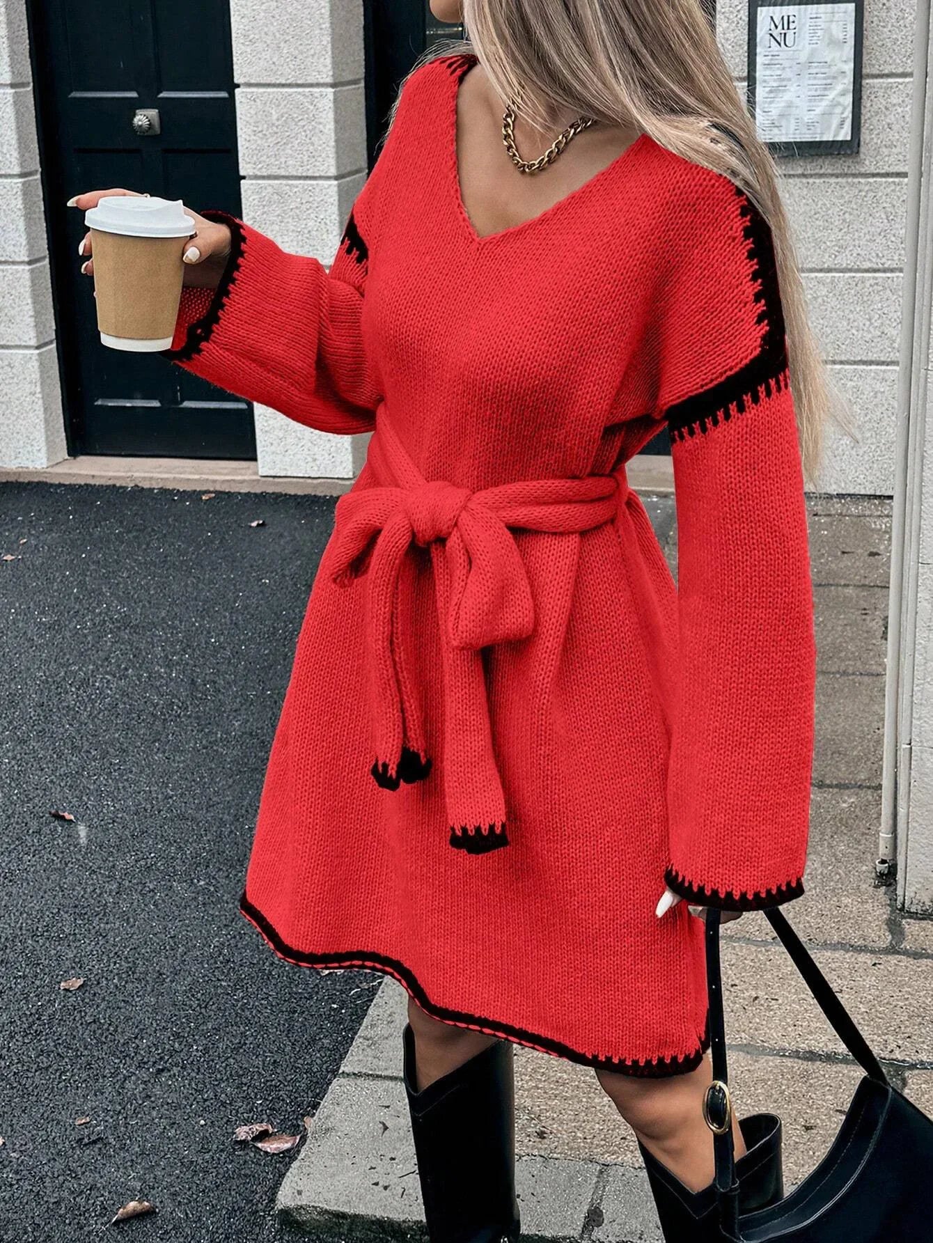 Fashion V Neck Long Sleeve Belt Lace Up Waist Knitted Pullovers Sweaters Dress Women Belt Loose Outwear Autumn Winter Streetwear