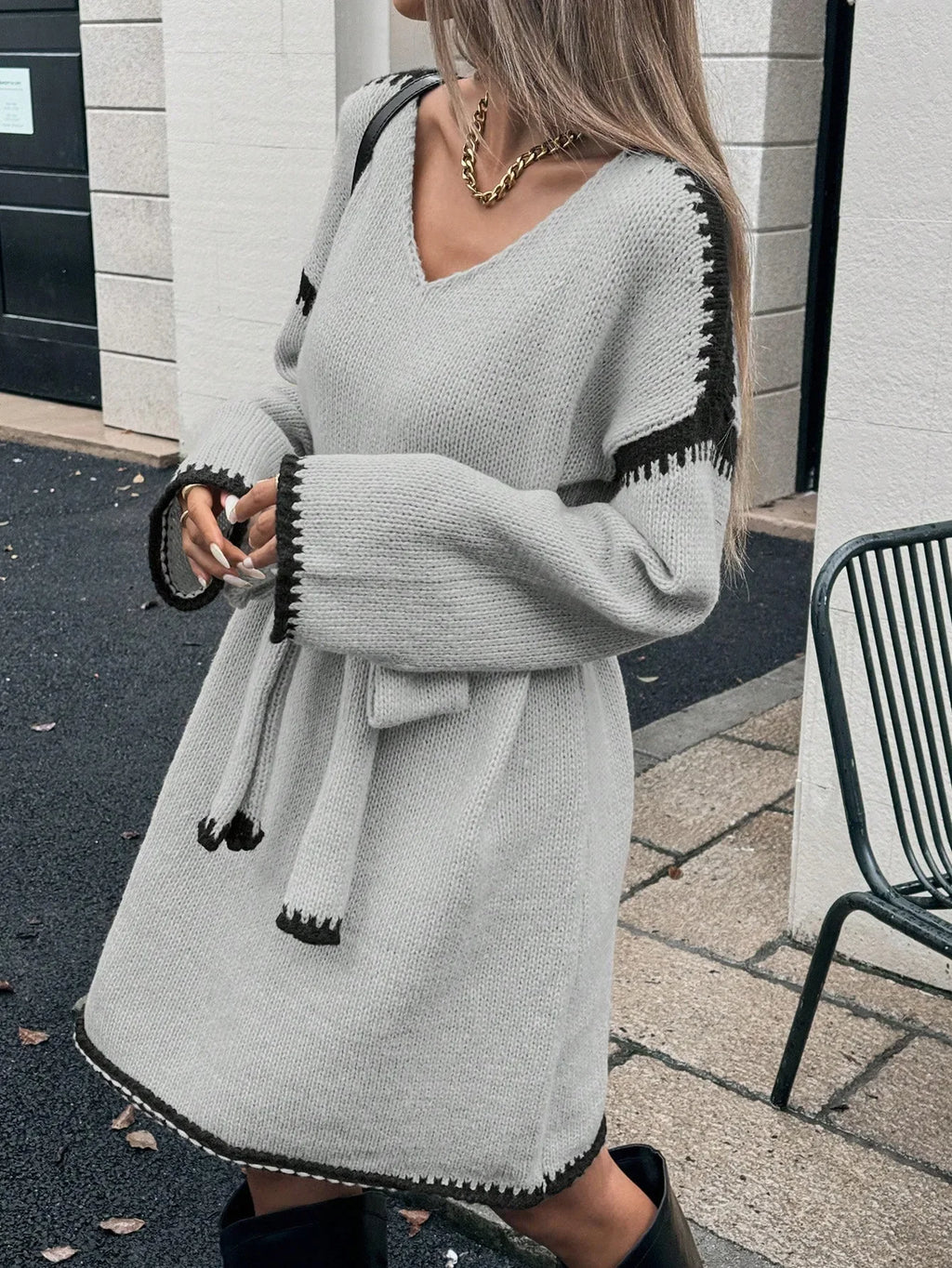Fashion V Neck Long Sleeve Belt Lace Up Waist Knitted Pullovers Sweaters Dress Women Belt Loose Outwear Autumn Winter Streetwear