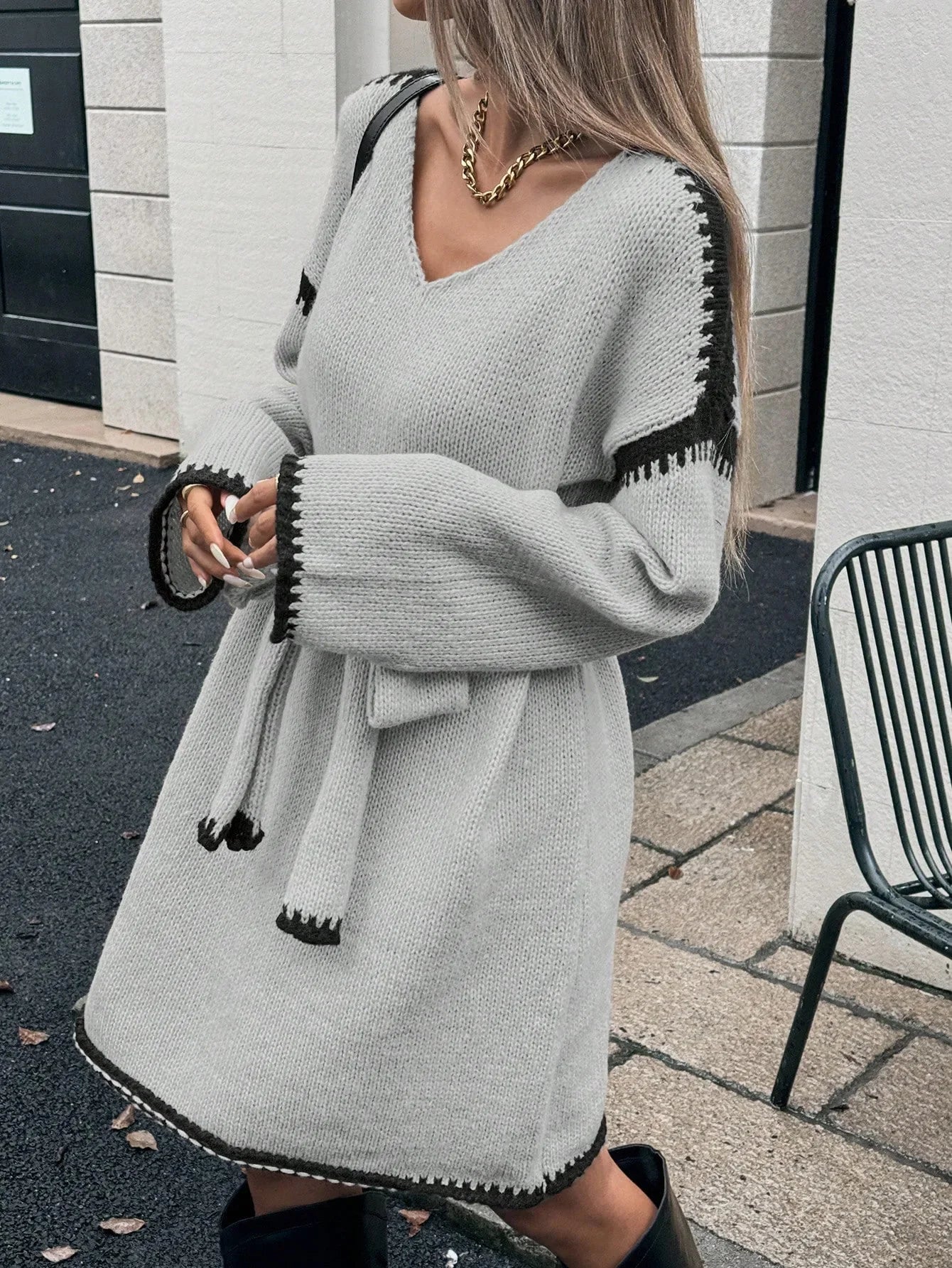 Fashion V Neck Long Sleeve Belt Lace Up Waist Knitted Pullovers Sweaters Dress Women Belt Loose Outwear Autumn Winter Streetwear