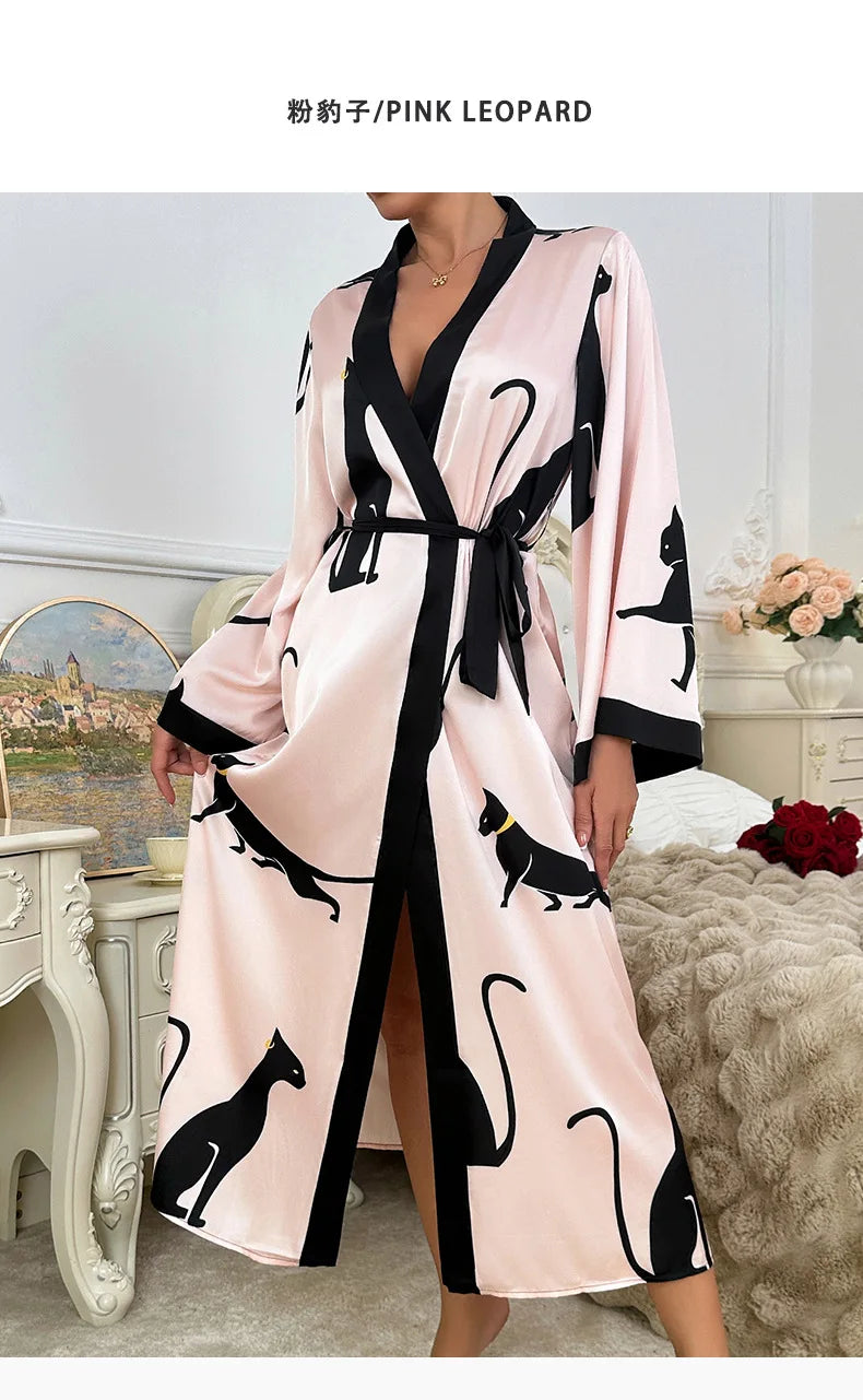 Wedding Party Dress Fashion Printed Robe Women's Clothing Loose Silk Satin Sleepwear Night Gowns Long Sleeve Ladies Bathrobe