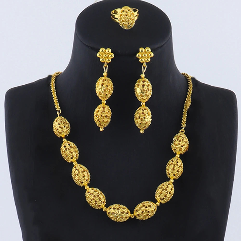women  jewelry set indian arabic african ethiopian golden color jewelry set Hollow Out Oval Necklace Earrings Ring free shipping