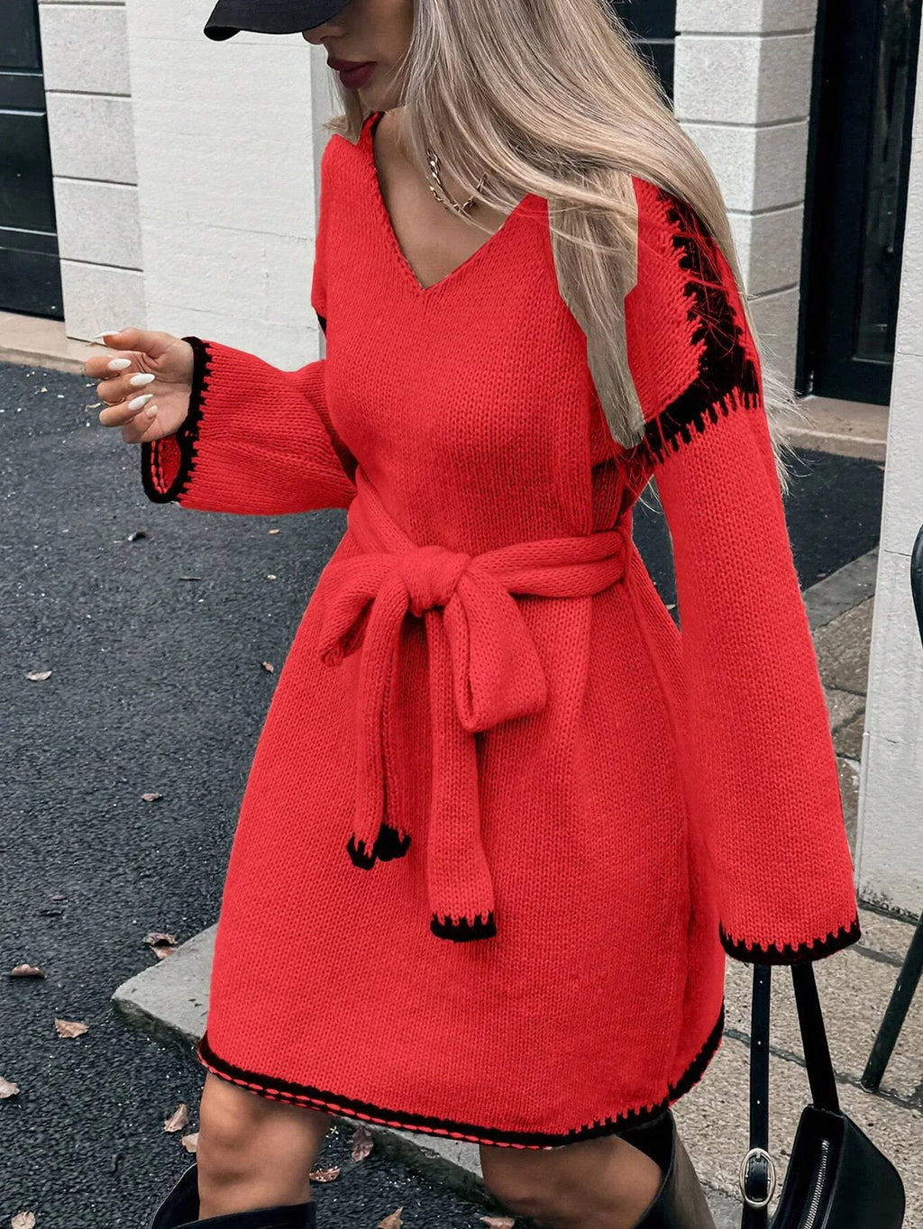 Fashion V Neck Long Sleeve Belt Lace Up Waist Knitted Pullovers Sweaters Dress Women Belt Loose Outwear Autumn Winter Streetwear