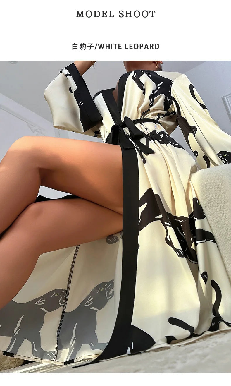 Wedding Party Dress Fashion Printed Robe Women's Clothing Loose Silk Satin Sleepwear Night Gowns Long Sleeve Ladies Bathrobe