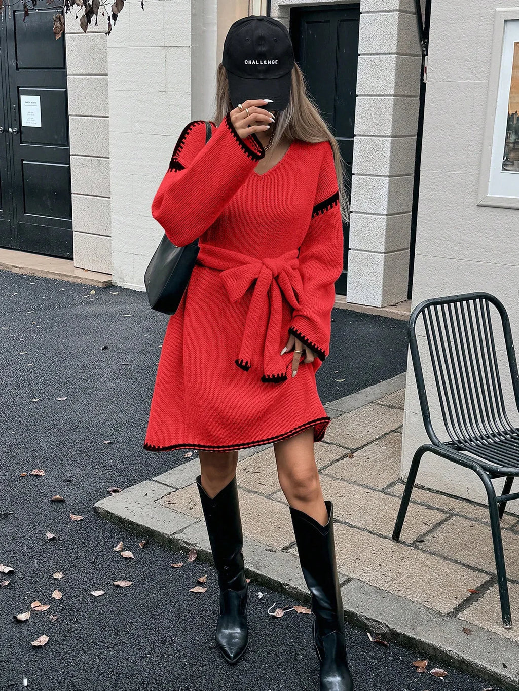 Fashion V Neck Long Sleeve Belt Lace Up Waist Knitted Pullovers Sweaters Dress Women Belt Loose Outwear Autumn Winter Streetwear