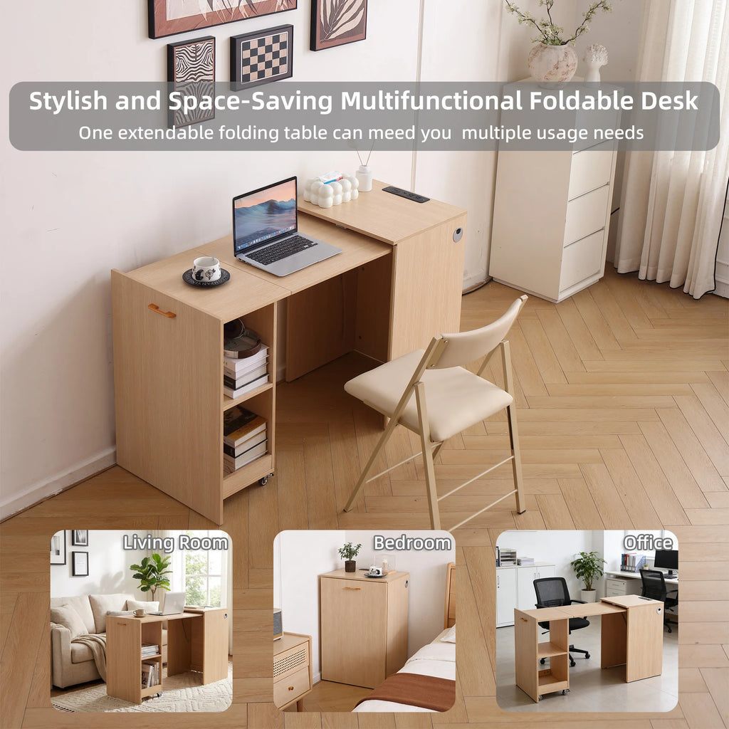 Wooden Home office Desk with Power Outlet, Storage Shelves & Wheels - Extendable Foldable table