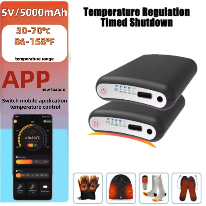 100% New 5V 5000mAh Battery App Remote Control Lipo Battery Packs Winter Socks Warm Gloves Kneepad Rechargeable Power Bank