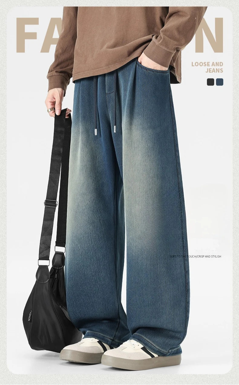 Baggy Jeans Men's Fashion 2026 New Wide Leg Straight Casual Drawstring Trousers Men's Clothing Fashion Vintage Denim Pants