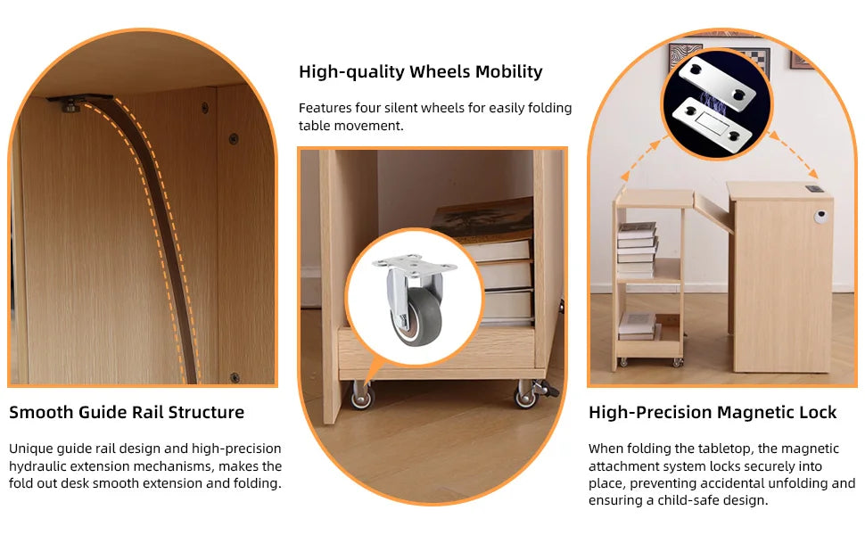 Wooden Home office Desk with Power Outlet, Storage Shelves & Wheels - Extendable Foldable table