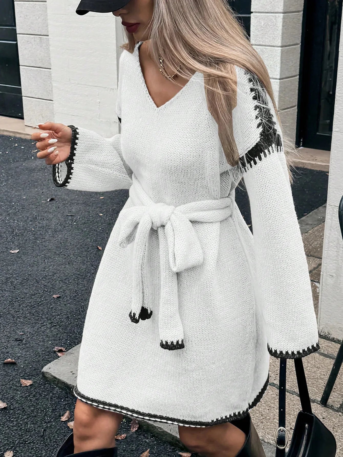 Fashion V Neck Long Sleeve Belt Lace Up Waist Knitted Pullovers Sweaters Dress Women Belt Loose Outwear Autumn Winter Streetwear